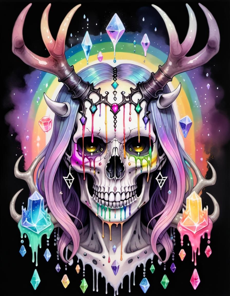 Pastel Goth Demoness Skull with Rainbow Drip