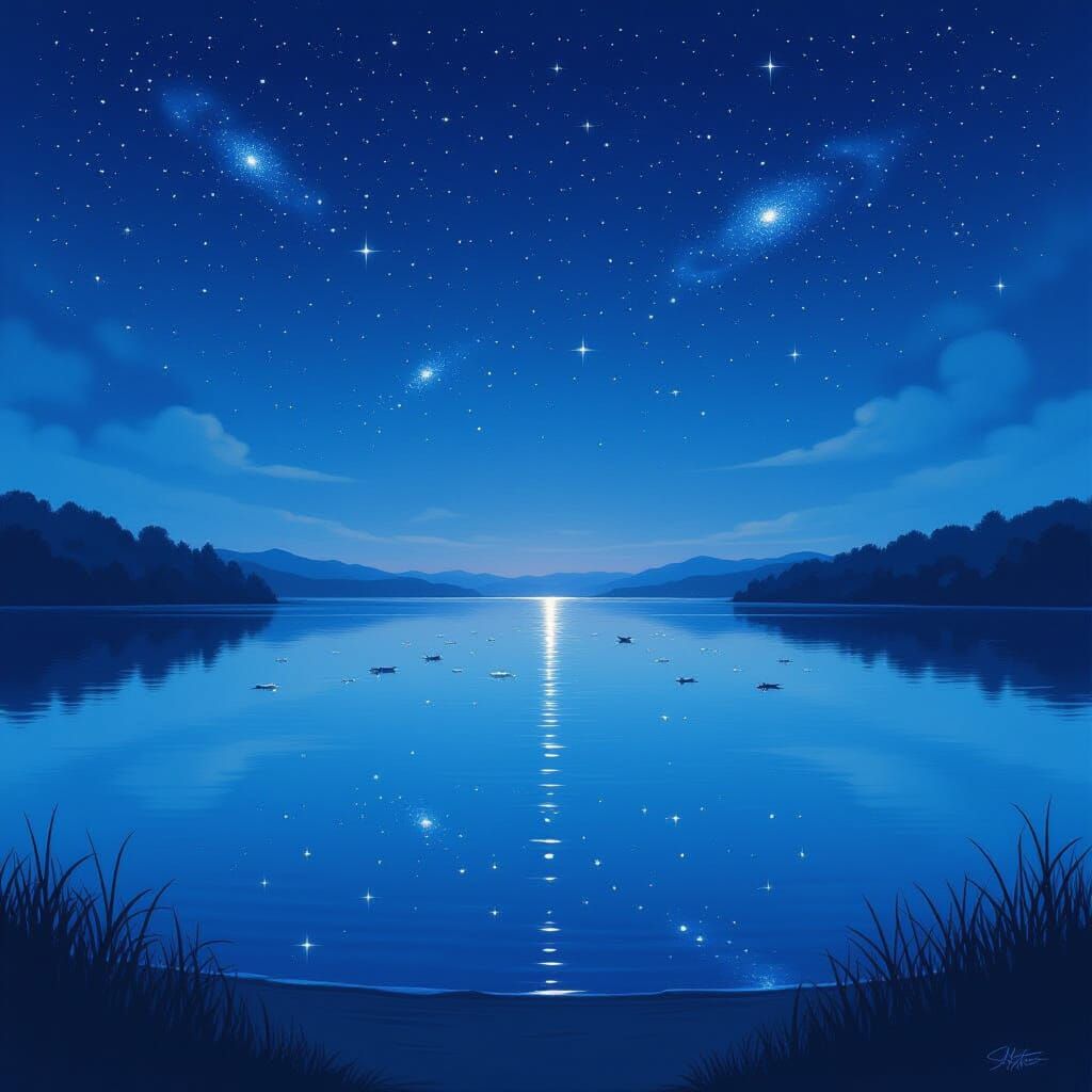 Ethereal Lake Reflects Starry Galaxy, Dreamy Art