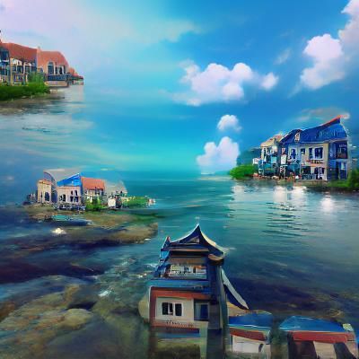 Peaceful Seaside Town in Oil Painting Style