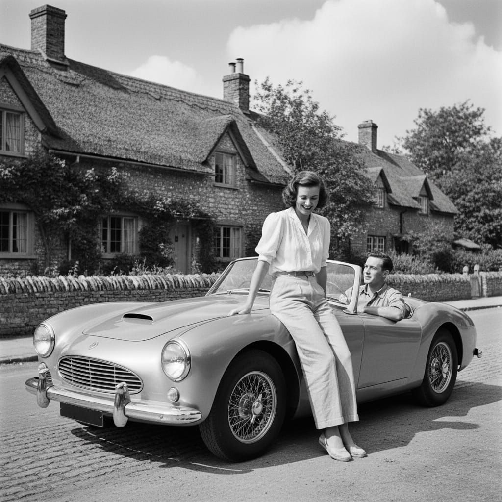 Vintage Car Scene: Couple on Village Street