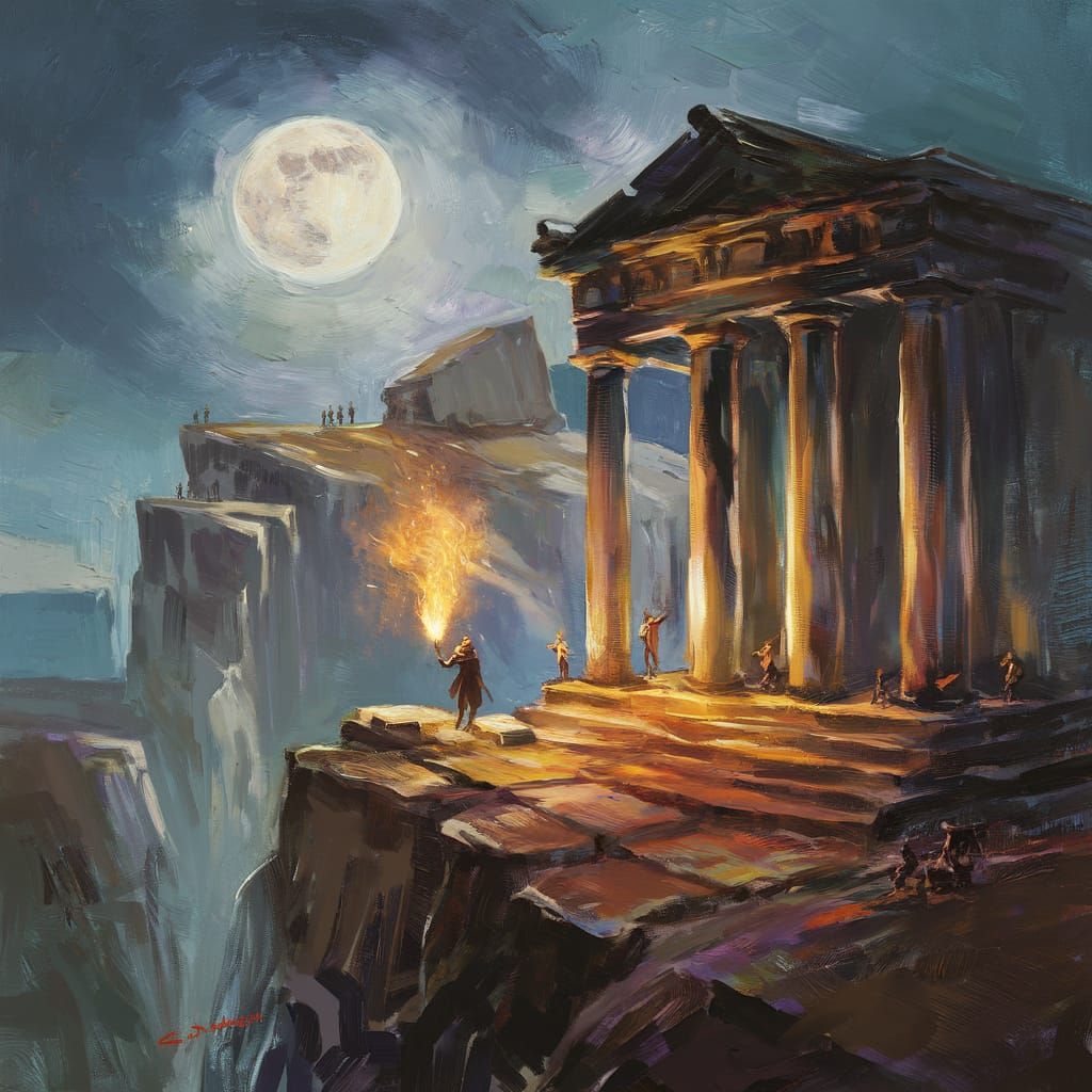 Impressionist Moon Over Cliffs Gouache Painting