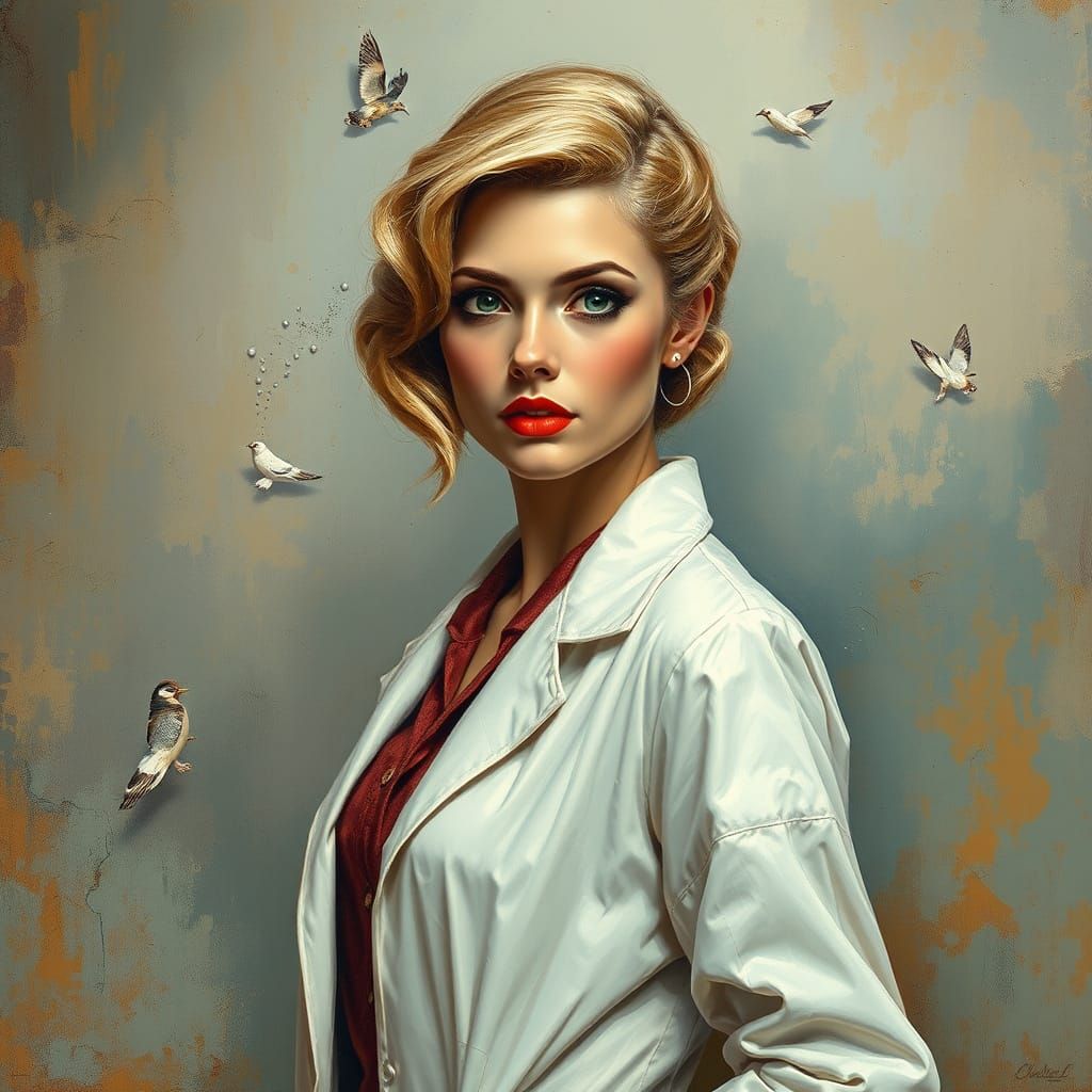 Blonde Woman in Lab Coat: Mucha-Waterhouse Fusion