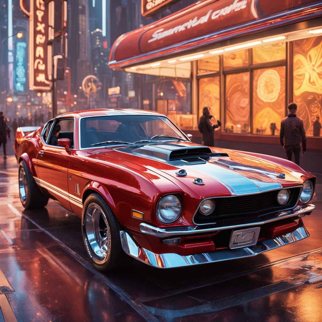 Hyperrealistic Candy Red Cobra Mustang in Futuristic Dreamli...