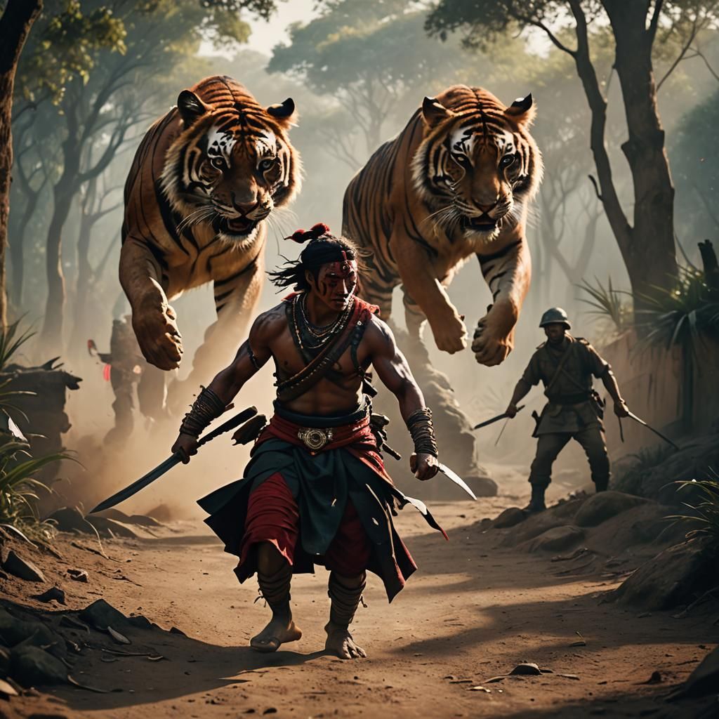 Tribal Warrior and Tiger Confront Soldier: Cinematic Still
