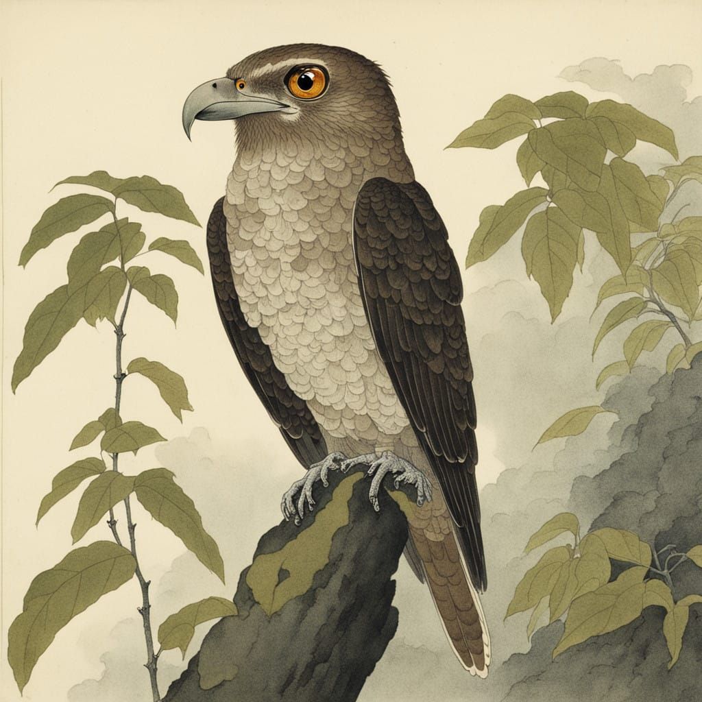 Mysterious Potoo Bird in Traditional Japanese Style