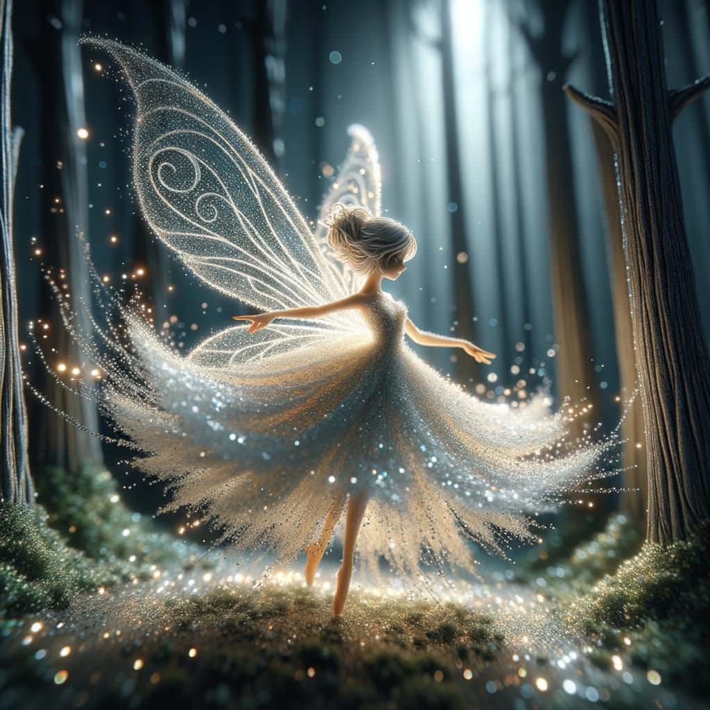 Glowing Pixie Dancer in Shadowy Magical Forest