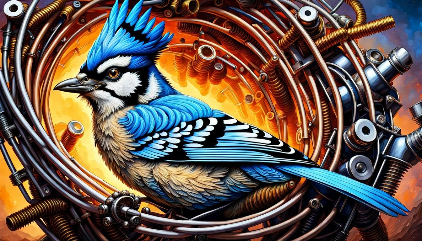 Steampunk Bluejay in Wire Nest: Digital Illustration