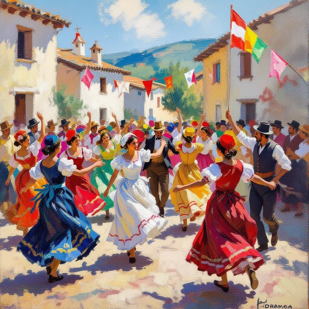 Joyful Folk Dance in Sunlit Village Square