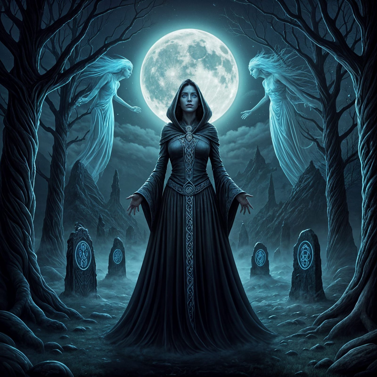 Morrigan and Banshees Under Moonlight