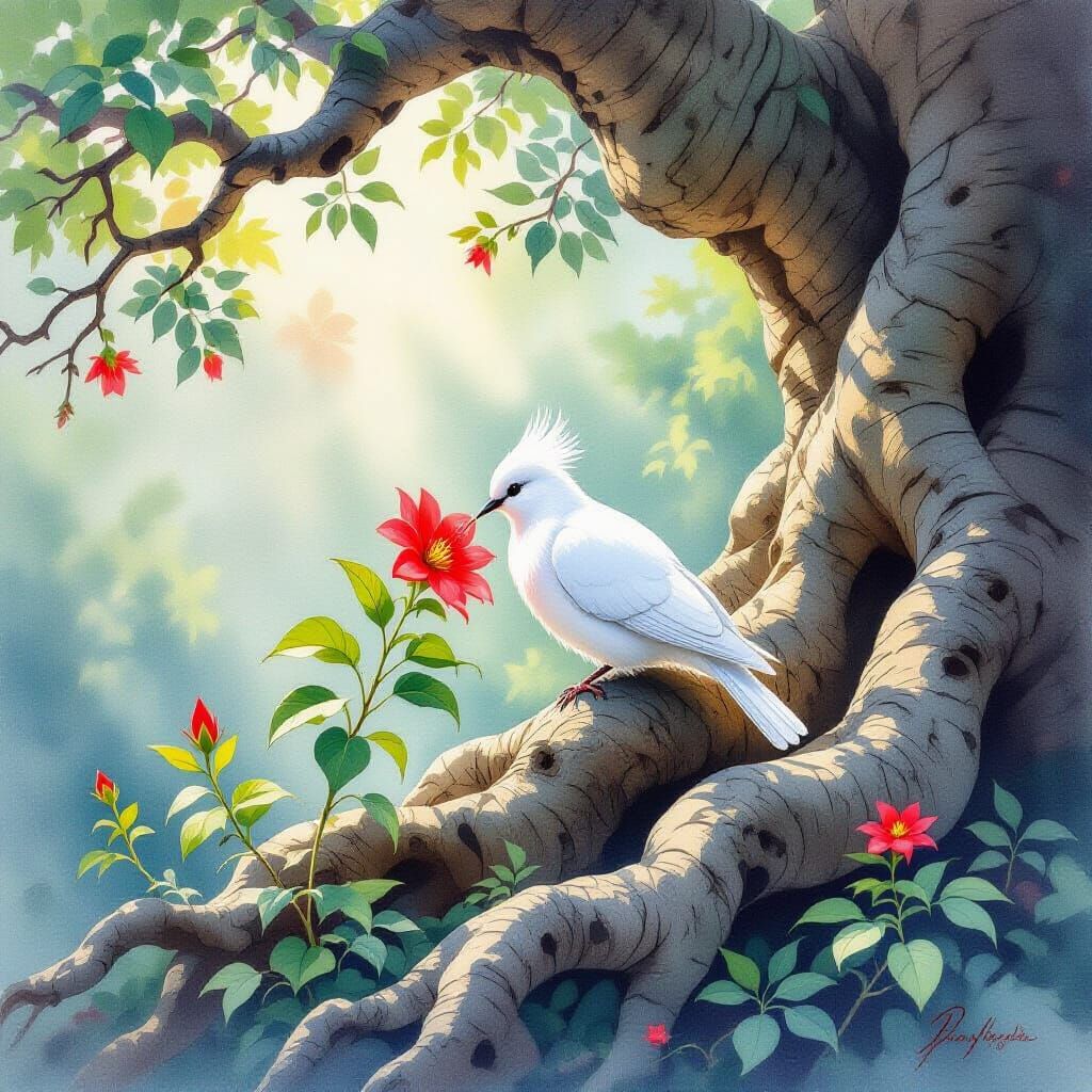 Elegant White Bird Drinks From Star Flower on Ancient Tree R...