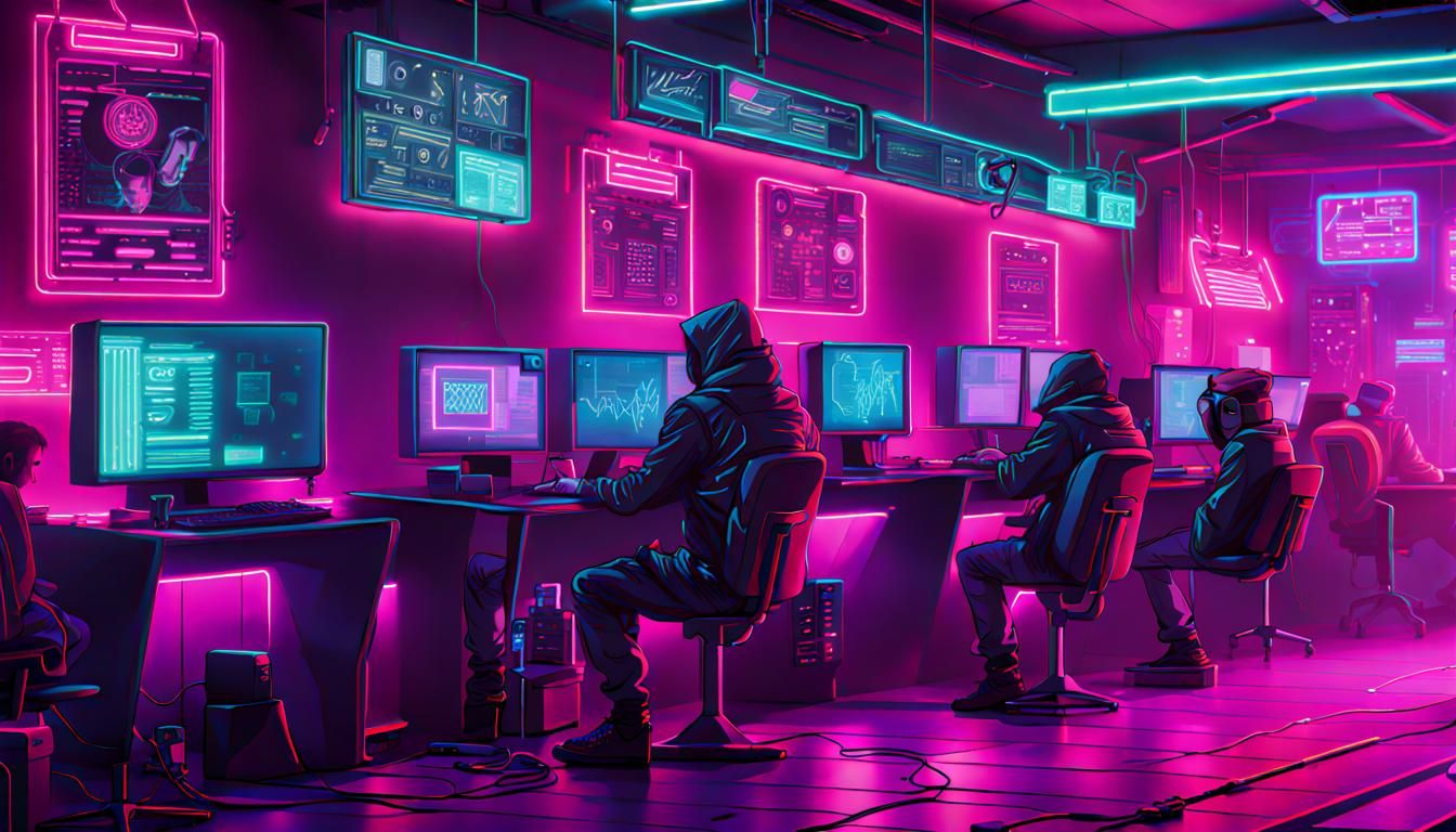Cyberpunk Hackers in a Neon Retro Internet Cafe