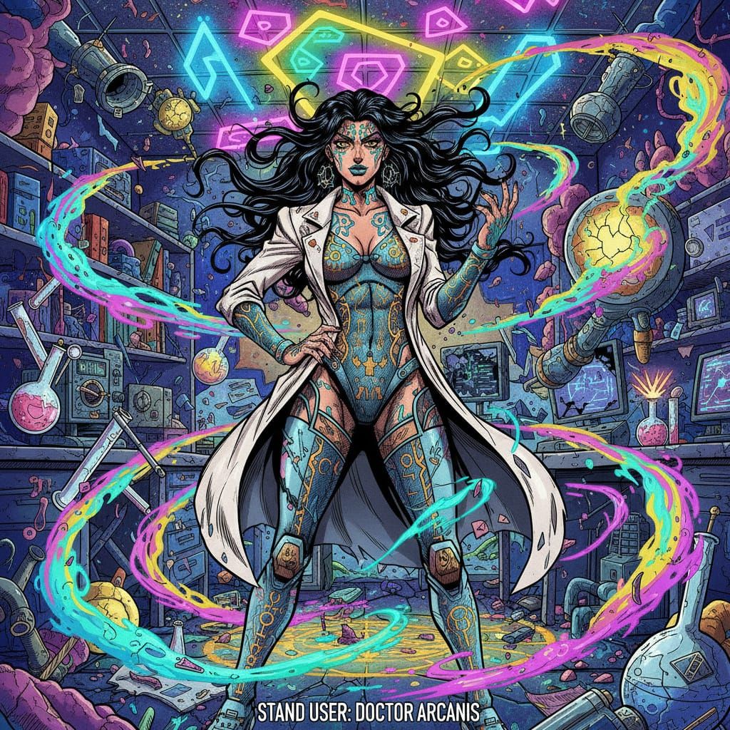 Confident Woman in Chaotic Lab, JoJo Anime Style