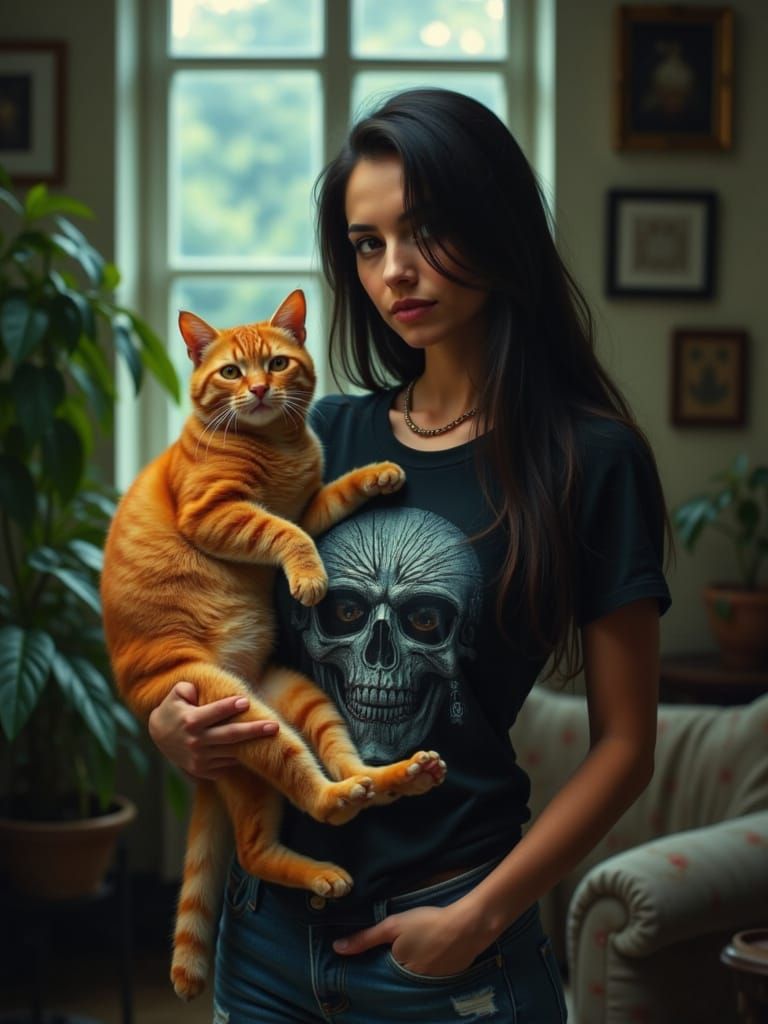 Woman with Dark Hair and Orange Cat in Living Room