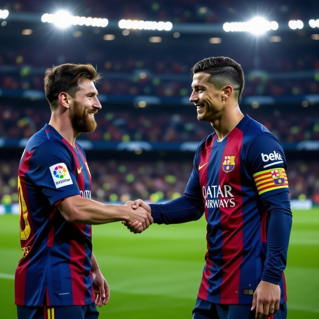 Messi and Ronaldo Embrace on Football Pitch in Sports Photog...