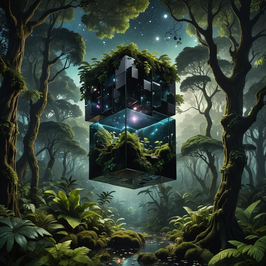 Reflective Black Cube in Rainforest: Matte Painting