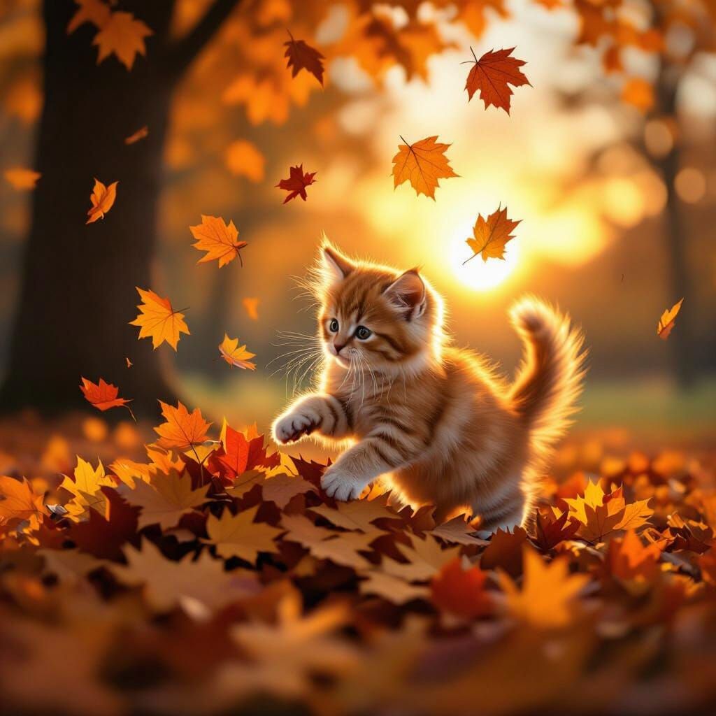 Ginger Kitten Plays in Autumn Leaves at Sunset