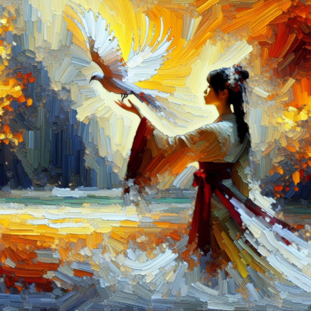 Radiant Bird Woman in Autumn: Impasto Oil Painting