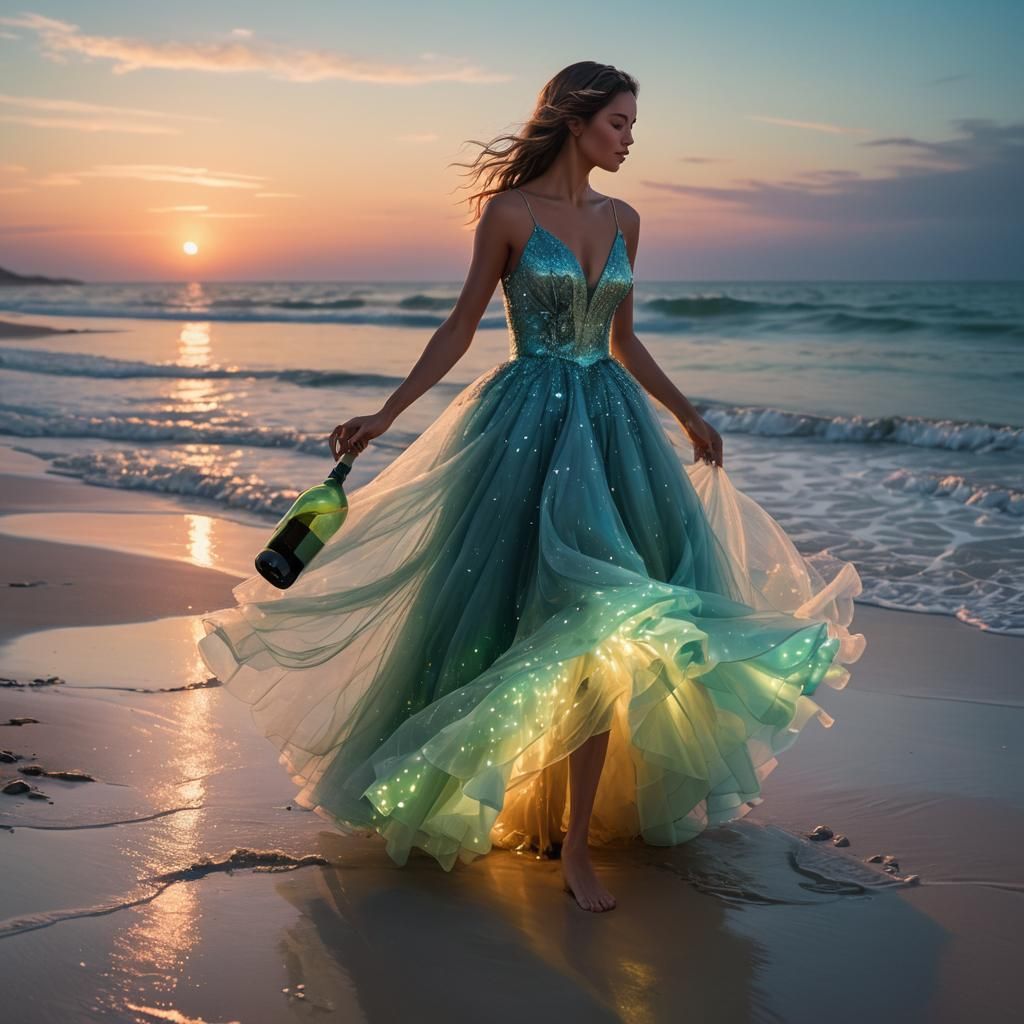 Girl on Bioluminescent Beach with Wine in Splash Art