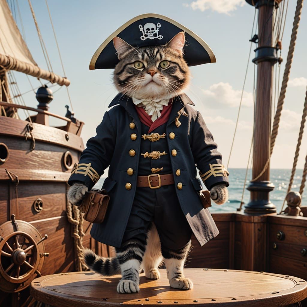 Pirate Cat Captain on Deck of Ship