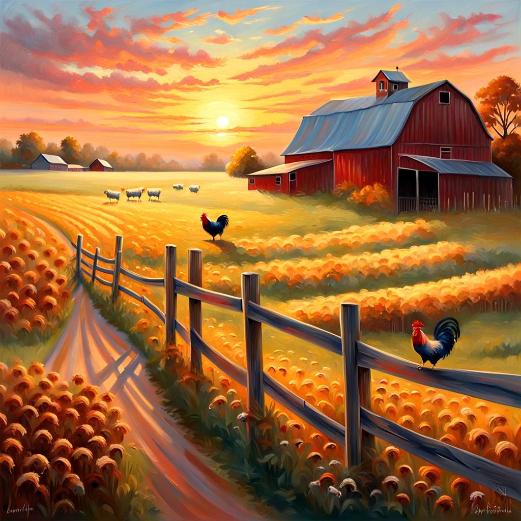 Idyllic Farm at Sunrise in Impressionist Style