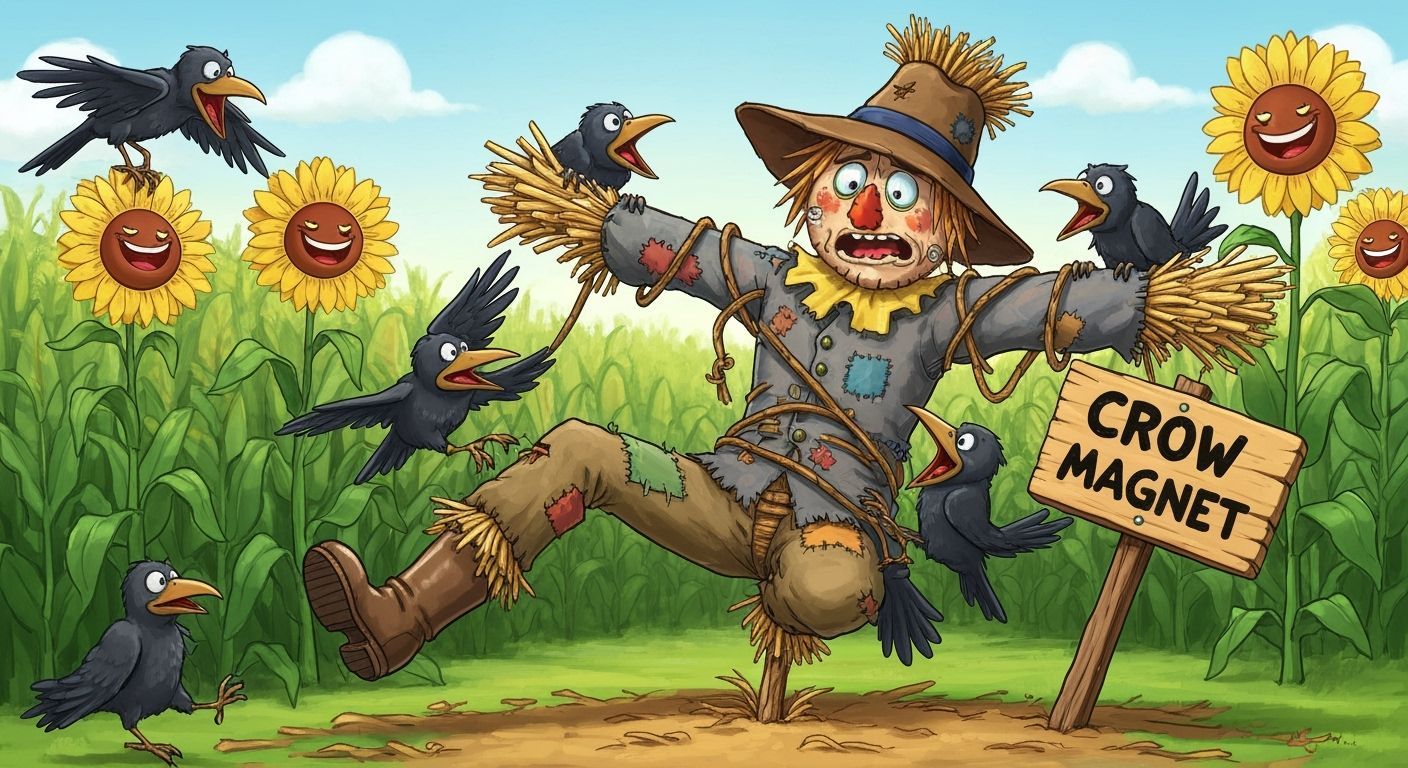Mischievous Crows Attack a Surprised Scarecrow in Cornfield