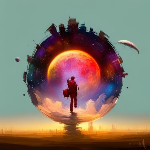 Epic Moon Parachute Jump in Colorful Starry Night