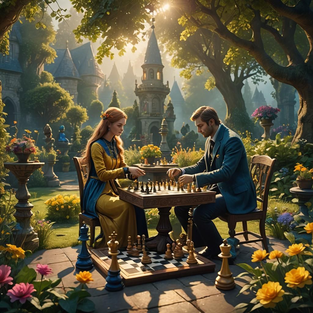 Chess Game in Enchanted Garden: Hyper-Realistic Digital Art