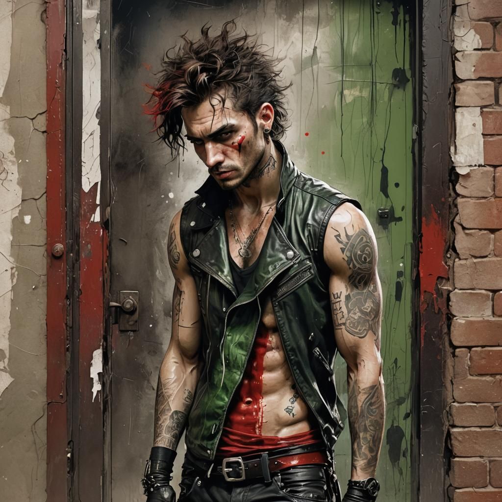 Pouty Goth Punk Man with Scratches, Russ Mills Style