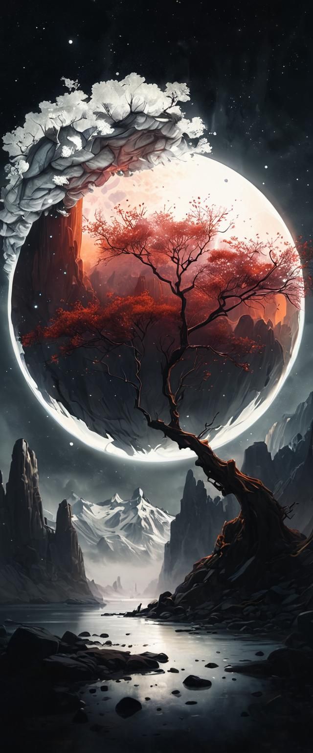 Surreal Inverted Nature Scene with Glowing Rocks