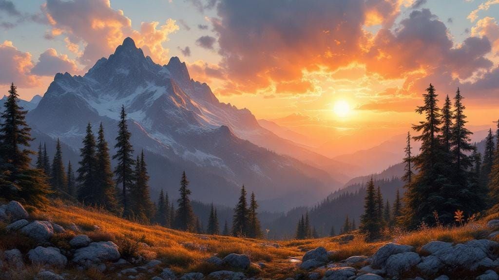 Golden Sunset Over Mountain Landscape in Romantic Style