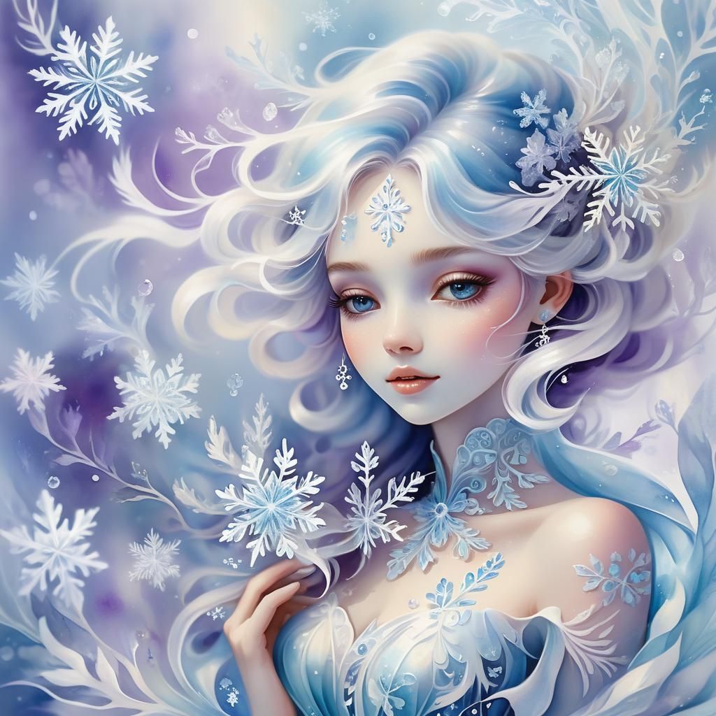 Crystal Girl with Snowflake Flowers in Watercolour