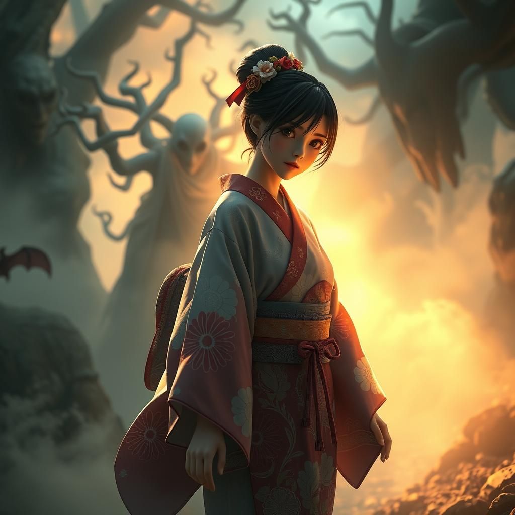 Japanese Girl's Mystical Journey in Chihiro Anime Style