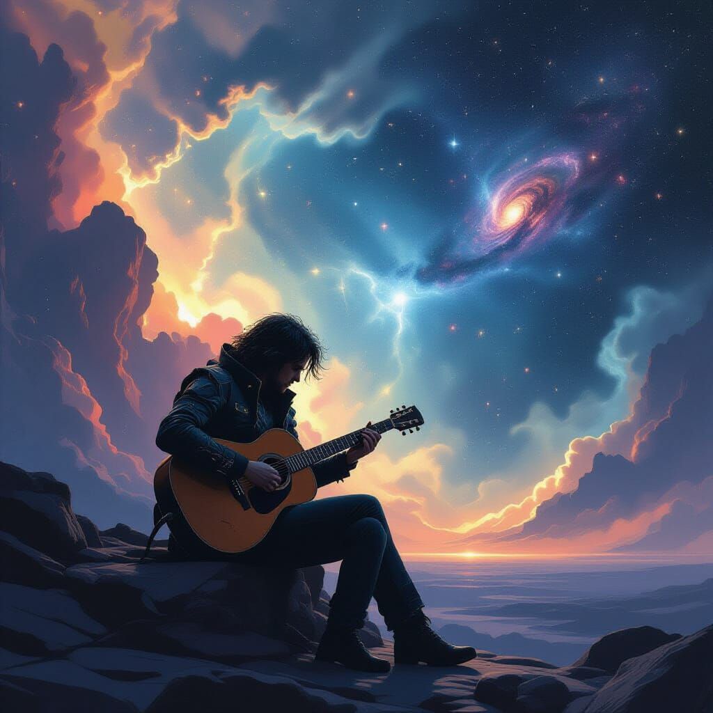 Cosmic Guitarist in Nebula Glow, Sci-Fi Illustration