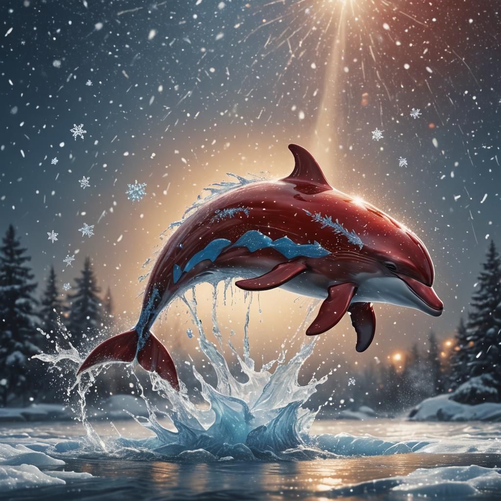 Red Dolphin Leaping from Icy Water