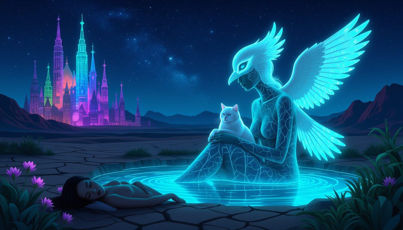 Bioluminescent Figure in Neon Mirage Landscape