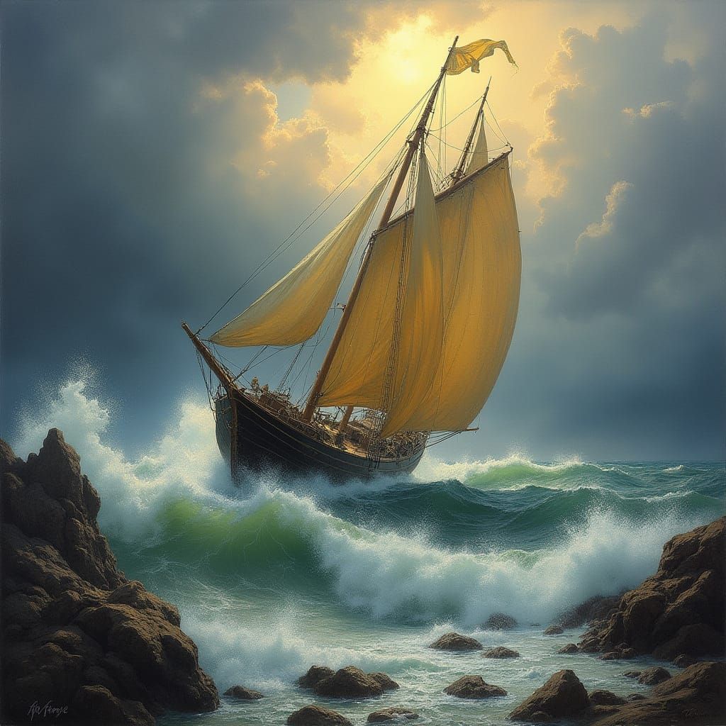 Ship in Stormy Seas: A Classical Oil Painting
