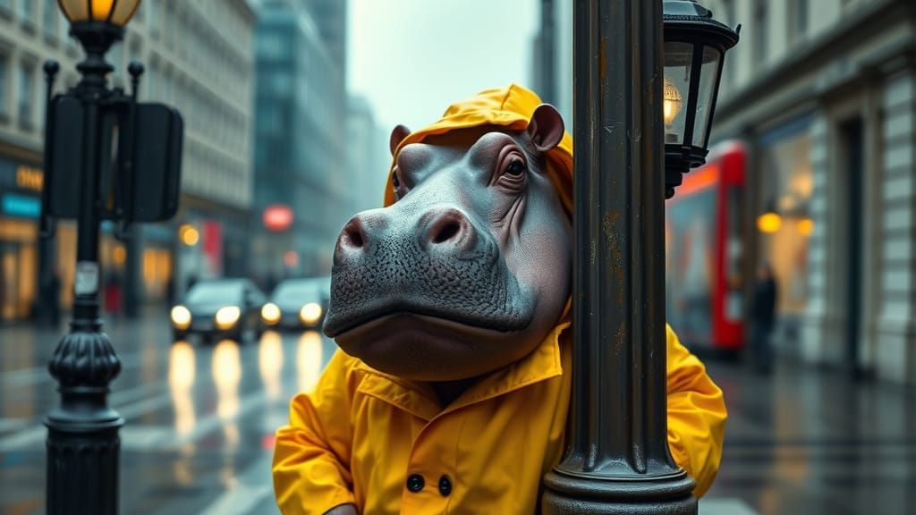 Hippo in Yellow Raincoat Hiding in Rainy London