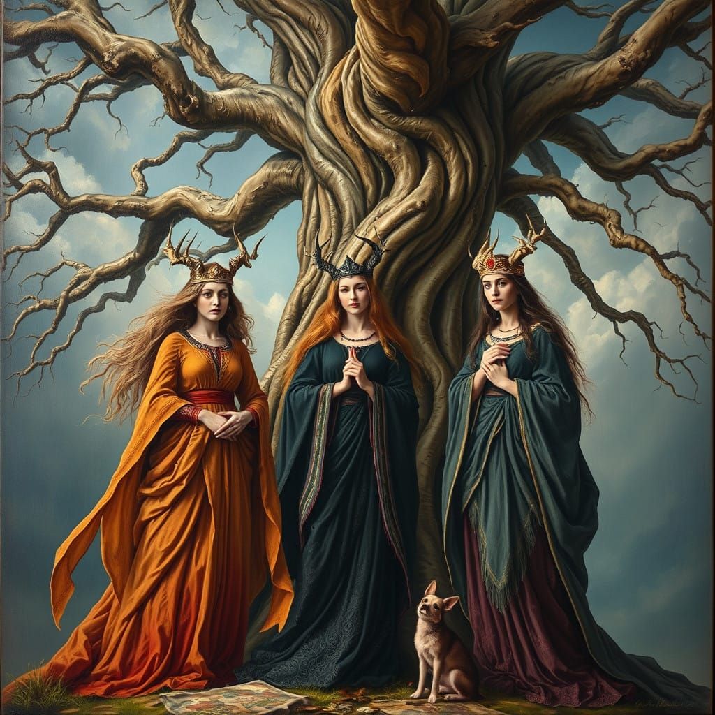 oil painting of "The norns Urðr, Verðandi, and Skuld beneath the world tree Yggdrasil" (1882) by Ludwig Burger