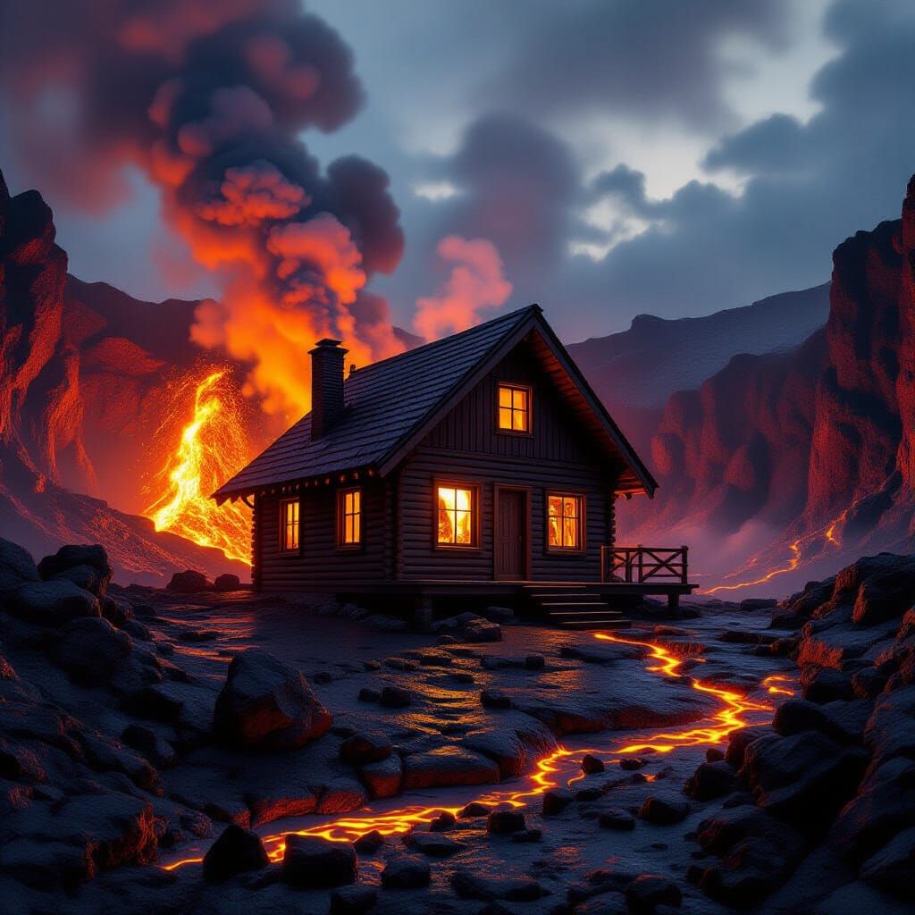 Cozy Cabin Inside Erupting Volcano at Dusk