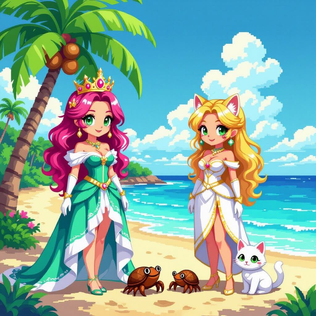 16-Bit Pixel Art Beach Scene with Chibi Characters