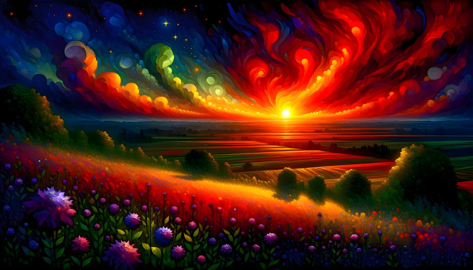 Expressionist Sunrise Over Purple Flower Field