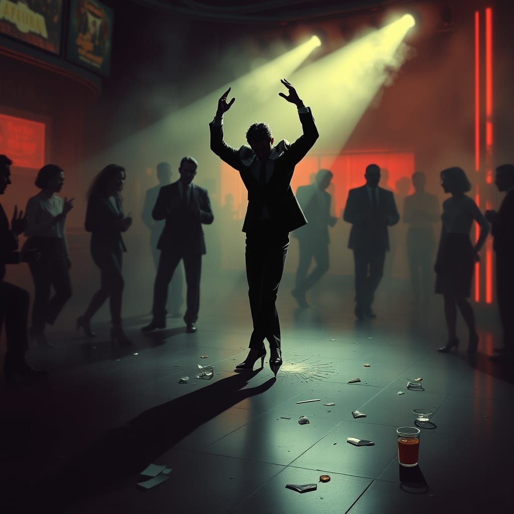 Confident Figure Falters in Smoky Nightclub Scene