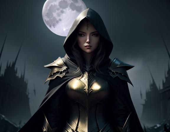 Winged Figure Before Moon in Dark Fantasy Style