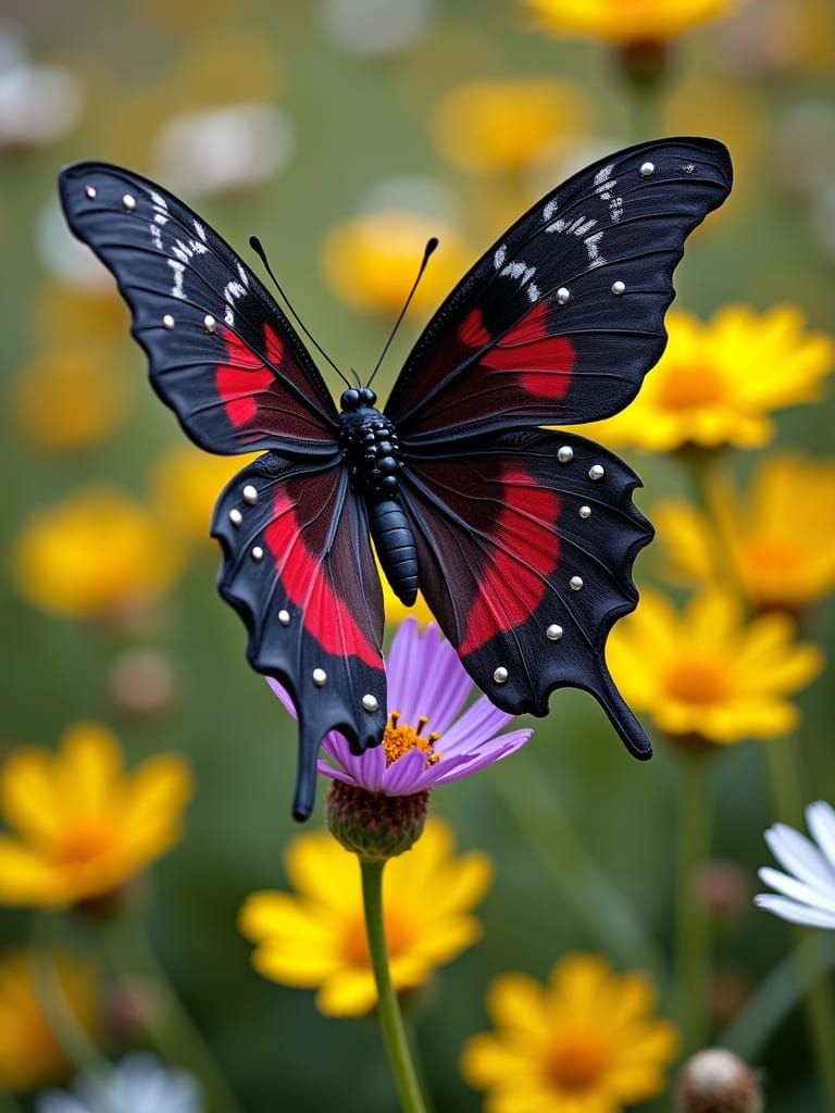Gothic Butterfly Lands on a Purple Bloom in a Vibrant Meadow