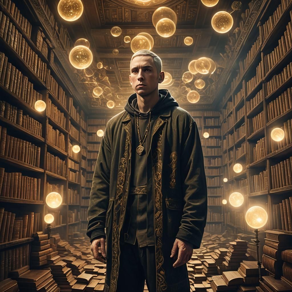 Eminem in Mystical Library: Fantasy Concept Art