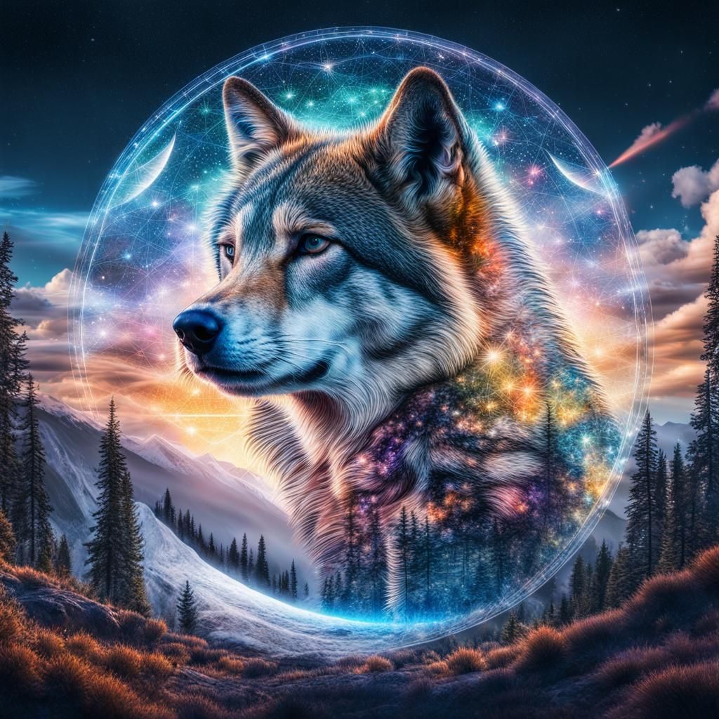 Astral Wolf Double Exposure Illustration