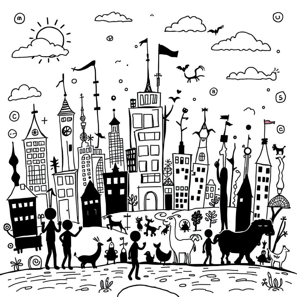Doodle Art Landscape with Wacky Buildings