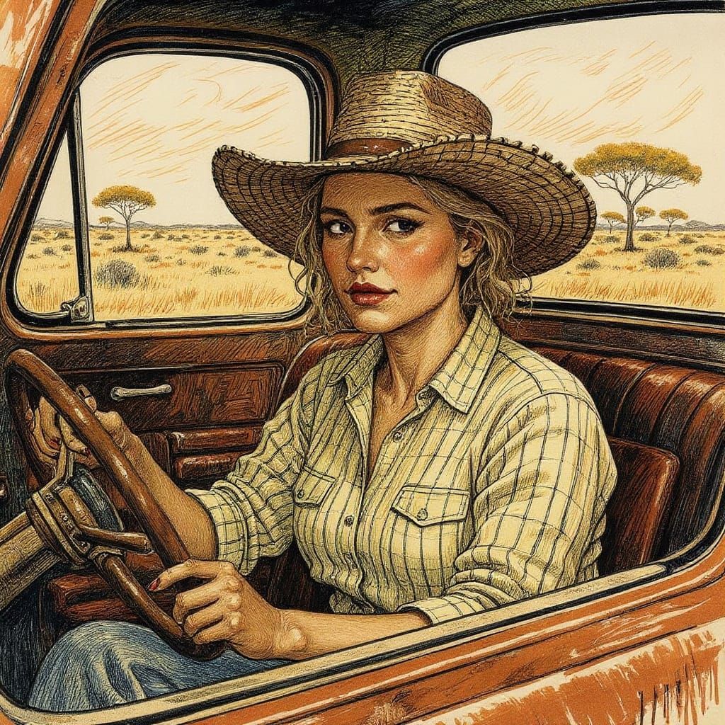 Close upPencil sketch in the style of ergon schiele  beautiful but hard farming country woman sitting in an old vintage ...