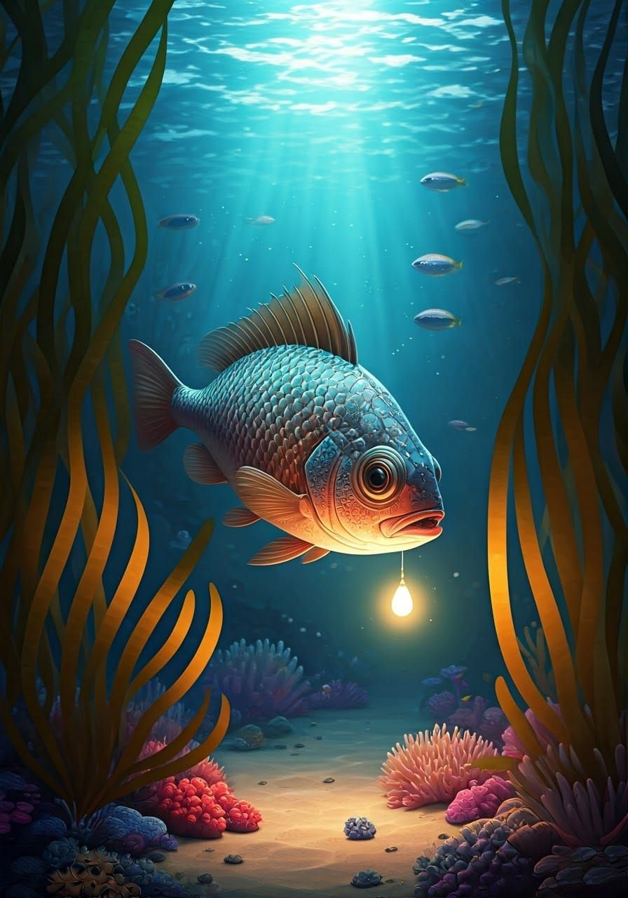 Bioluminescent Lantern-Fish Lamp in Impressionist Style