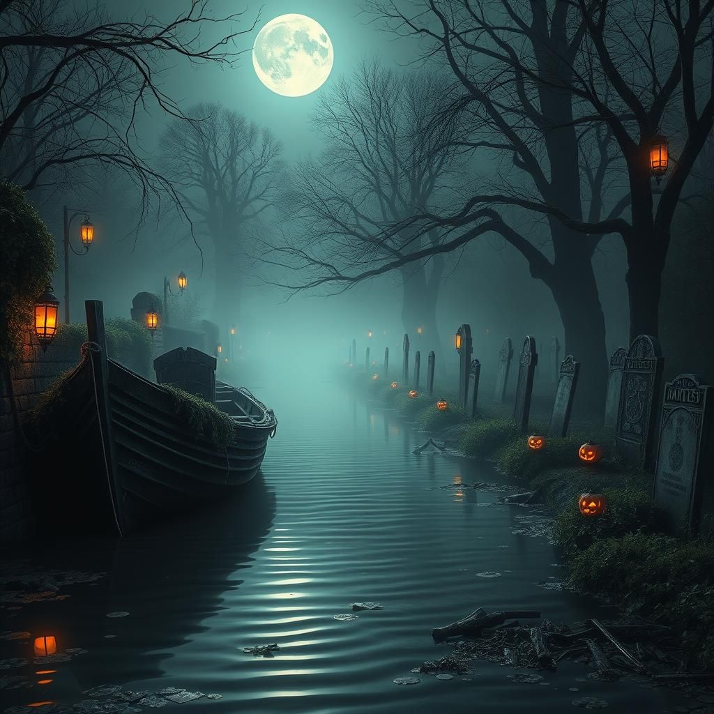 Eerie Canal Boat Graveyard in Moody Matte Painting